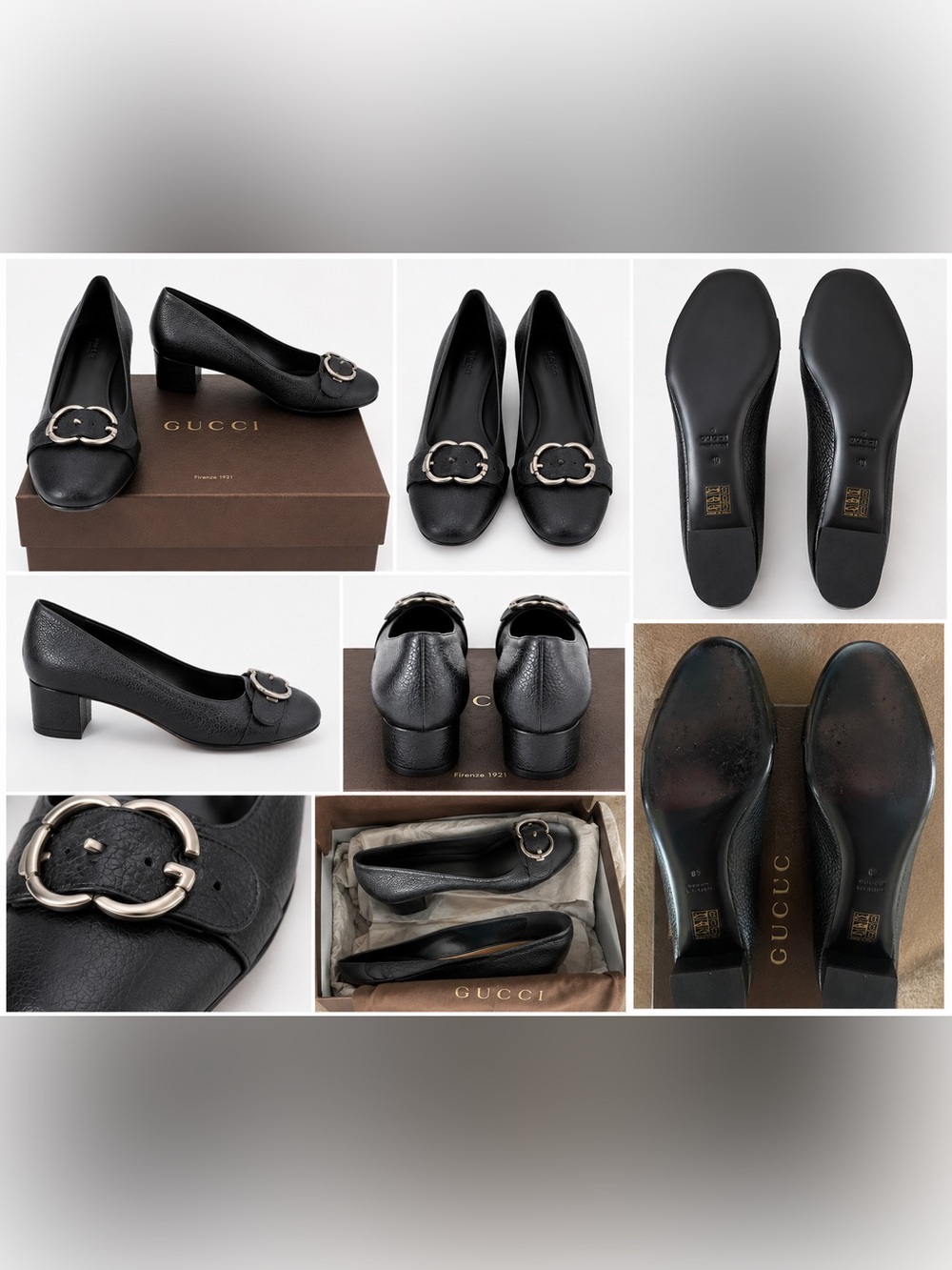 Gucci Black Pebbled Leather Ballet Flats with Gold-Tone Buckle